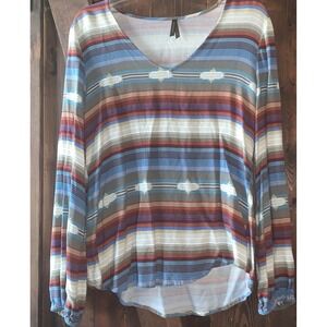 STETSON Blouse Size S Striped V Neck Southwestern Aztec MultiColor Tan Blue Red